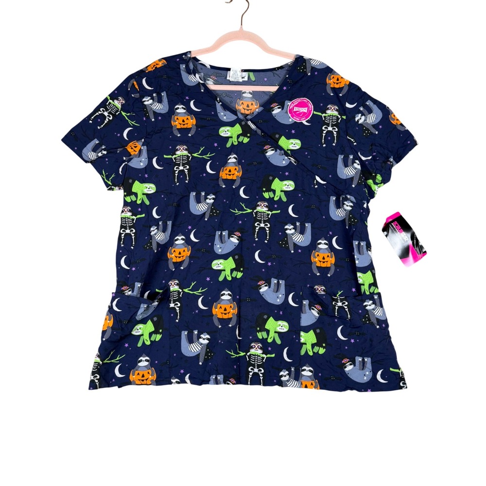 Scrubstar Womens 2XL Halloween Sloth Scrub Top Navy Blue V-Neck Stretch